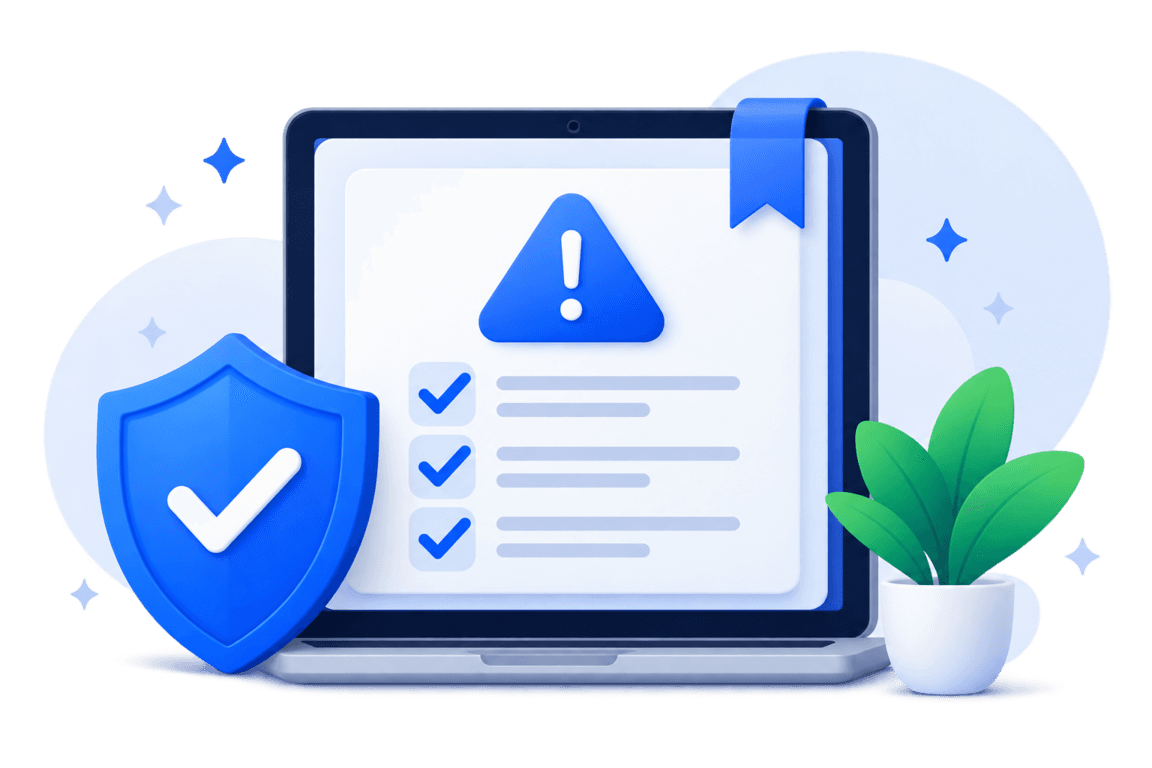 A checklist document with a warning symbol, shielded by a verification badge.