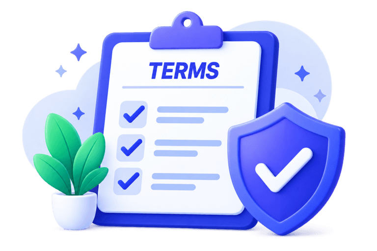 A terms checklist on a clipboard beside a verification shield.